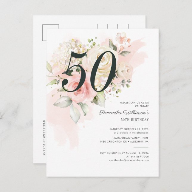 Invitation Carte Postale Fête botanique pour les 50 ans, Rose floral (Devant / Derrière)