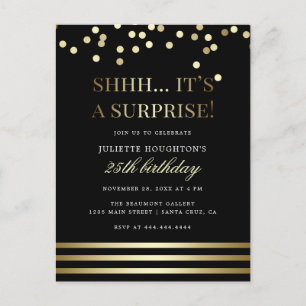 Invitation Carte Postale Fête Confetti Surprise Black and Gold