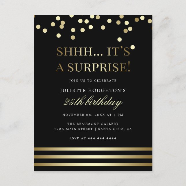 Invitation Carte Postale Fête Confetti Surprise Black and Gold (Devant)