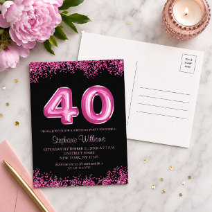 Invitation Carte Postale Fête d'anniversaire 40 ans Black Pink avec faux pa