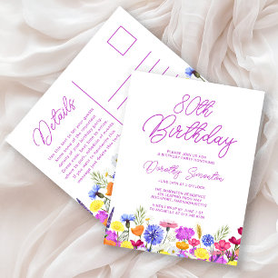 Invitation Carte Postale Fête d'anniversaire 80 ans Fleurs sauvages violett