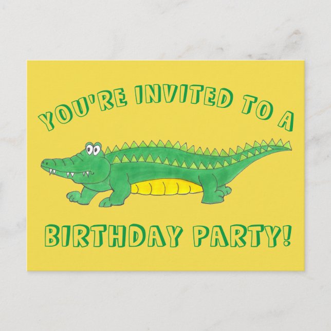Invitation Carte Postale Fête d'anniversaire Alligator Crocodile Jaune Vert (Devant)