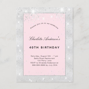 Invitation Carte Postale Fête d'anniversaire argent rose rousse parties sci