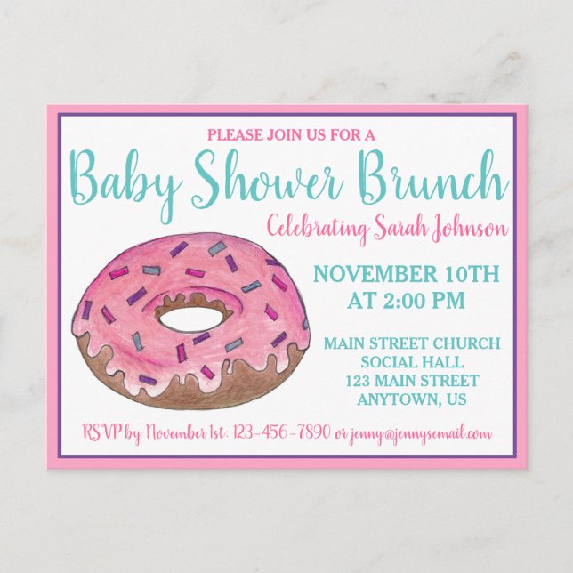 Invitation Carte Postale Fête d'anniversaire Baby Shower Donut rose (Devant)