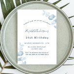 Invitation Carte Postale Fête d'anniversaire blanc poussiéreux eucalyptus b<br><div class="desc">Un arrière - plan blanc,  décoré de tiges d'eucalyptus bleu foncé,  sprigs. Personnalisez et ajoutez un nom et des détails du parti. Dos : arrière - plan bleu poussiéreux.</div>