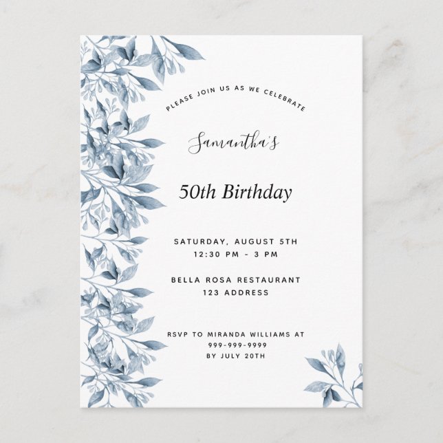 Invitation Carte Postale Fête d'anniversaire bleu blanc botanique floral mo (Devant)