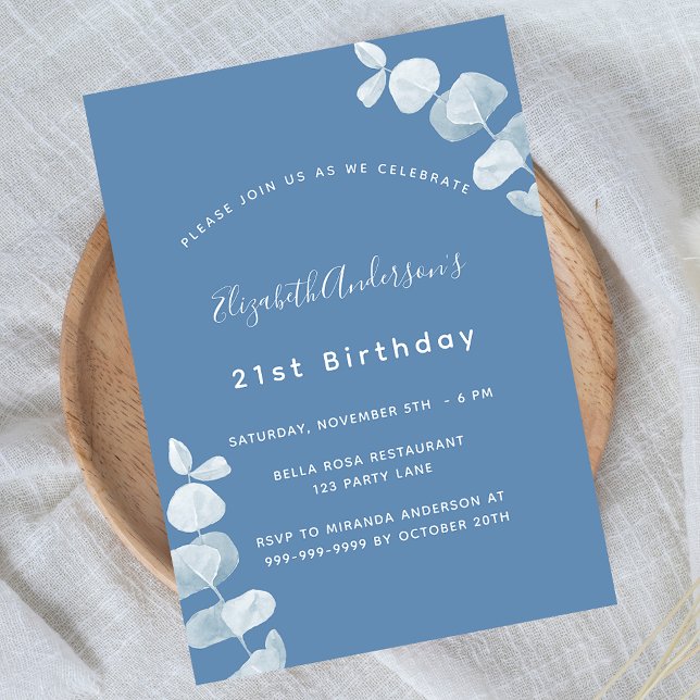 Invitation Carte Postale Fête d'anniversaire bleu poussiéreux eucalyptus bl (Créateur téléchargé)