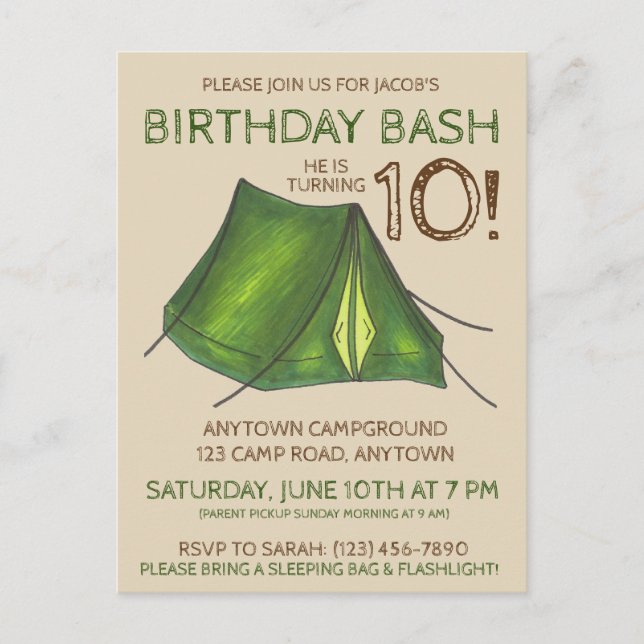 Invitation Carte Postale Fête d'anniversaire Camp de bash Tente Sleepover C (Devant)