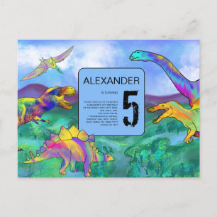 Invitation Carte Postale fête d'anniversaire colorée de dinosaures
