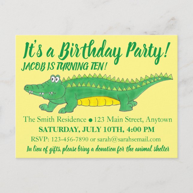 Invitation Carte Postale Fête d'anniversaire Crocodile Alligator vert jaune (Devant)