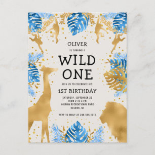 Invitation Carte Postale Fête d'anniversaire de 1 an pour garçons Bleu Ecru