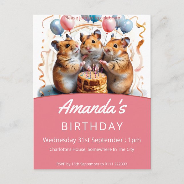 Invitation Carte Postale Fête d'anniversaire de Hamsters (Devant)