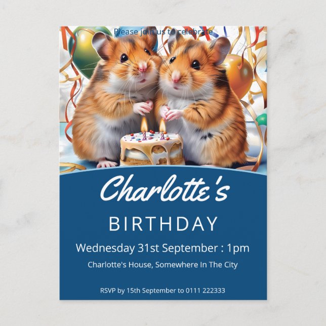 Invitation Carte Postale Fête d'anniversaire de Hamsters (Devant)
