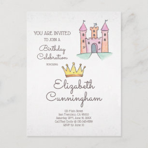 Invitation Carte Postale Fête d'anniversaire de la princesse à l'aquarelle 