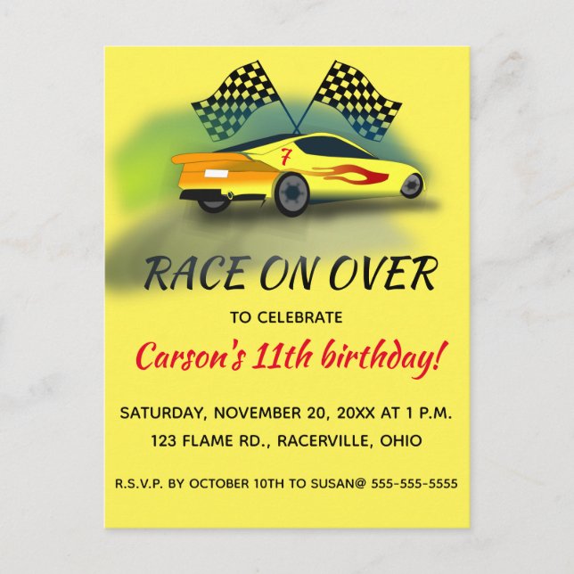 Invitation Carte Postale Fête d'anniversaire de voiture de course modifiabl (Devant)