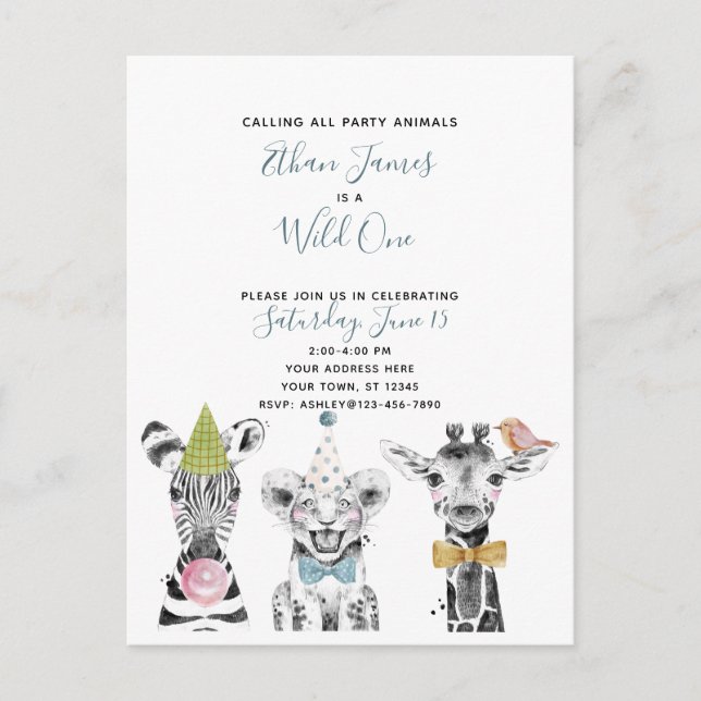 Invitation Carte Postale Fête d'anniversaire de Wild One Black White Blue (Devant)