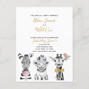 Invitation Carte Postale Fête d'anniversaire de Wild One Black White Yellow