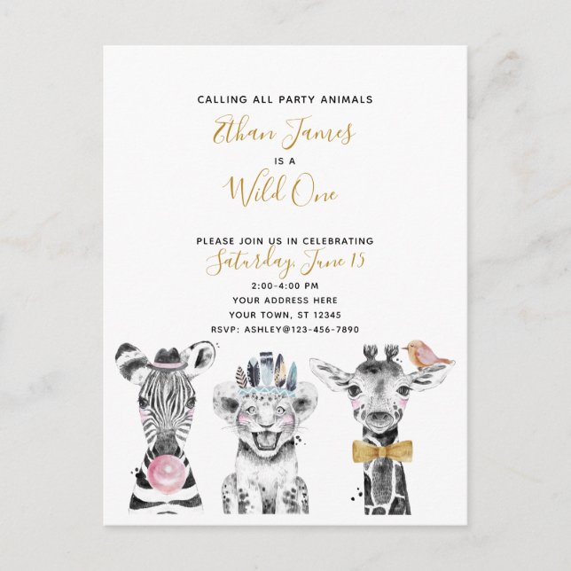 Invitation Carte Postale Fête d'anniversaire de Wild One Black White Yellow (Devant)