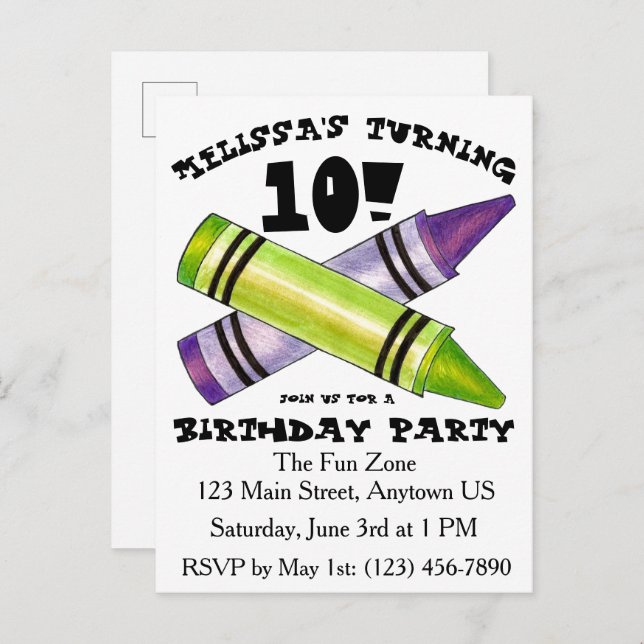 Invitation Carte Postale Fête d'anniversaire d'enfant crayons d'artiste vio (Devant / Derrière)