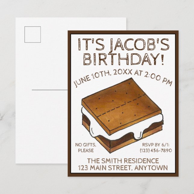 Invitation Carte Postale Fête d'anniversaire des Marshmallow S'mores autour (Devant / Derrière)