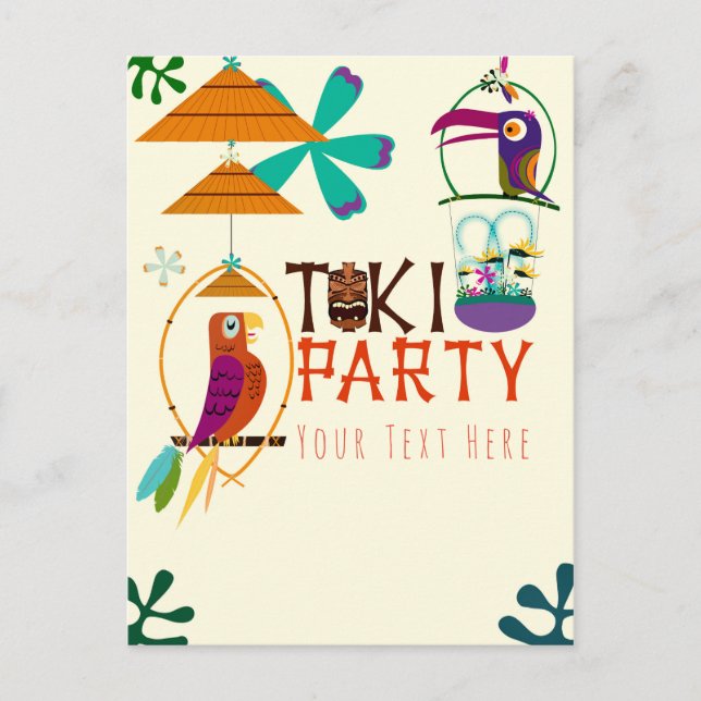 Invitation Carte Postale Fête d'anniversaire des oiseaux Tiki Soirée Luau V (Devant)