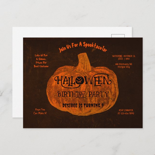 Invitation Carte Postale Fête d'anniversaire d'Halloween Citrouille orange (Devant / Derrière)