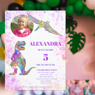 Invitation Carte Postale Fête d'anniversaire dinosaure pour filles Photo pe