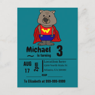 Invitation Carte Postale Fête d'anniversaire drôle de super héros de wombat