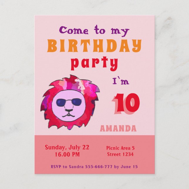 Invitation Carte Postale Fête d'anniversaire enfant Lion Rose Cool (Devant)