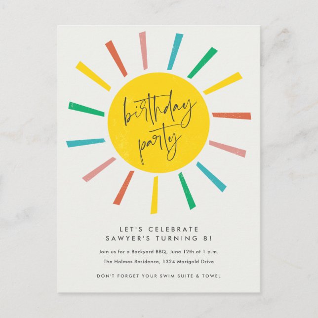 Invitation Carte Postale Fête d'anniversaire enfants scénario soleil arc-en (Devant)