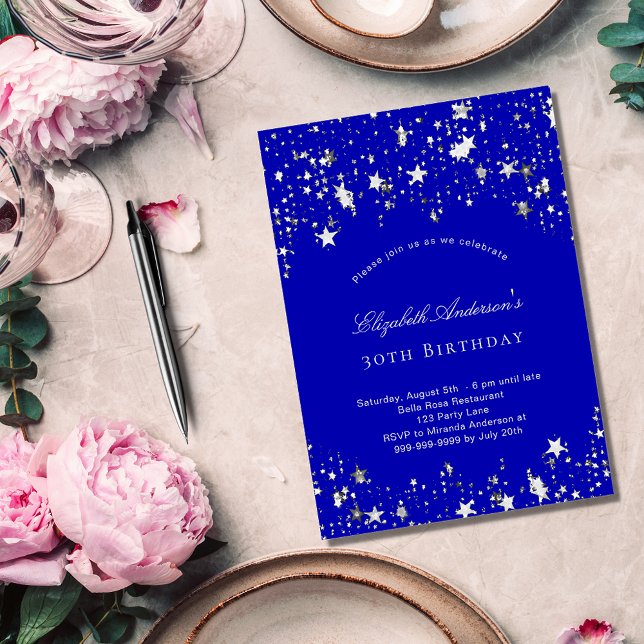 Invitation Carte Postale Fête d'anniversaire les étoiles bleues royales (Créateur téléchargé)