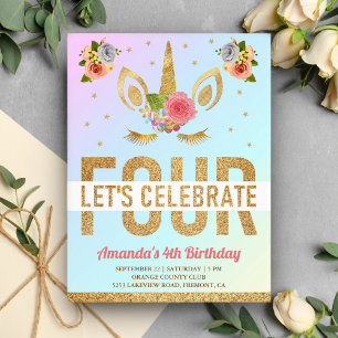 Invitation Carte Postale Fête d'anniversaire licorne paillettes or magique