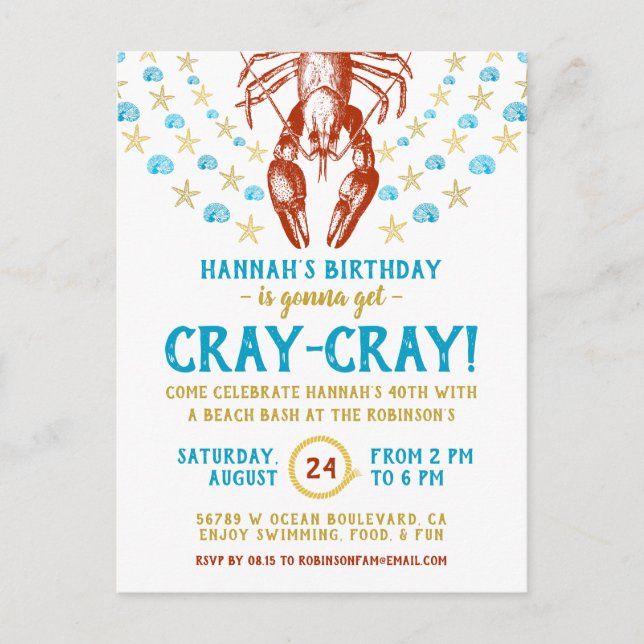 Invitation Carte Postale Fête d'anniversaire | Nautical Beach Crayfish Adul (Devant)
