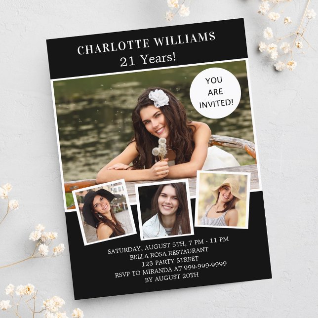 Invitation Carte Postale Fête d'anniversaire noir blanc photo collage (Créateur téléchargé)