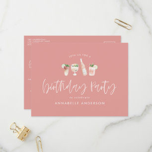 Invitation Carte Postale Fête d'anniversaire stylisée, cocktail moderne ros