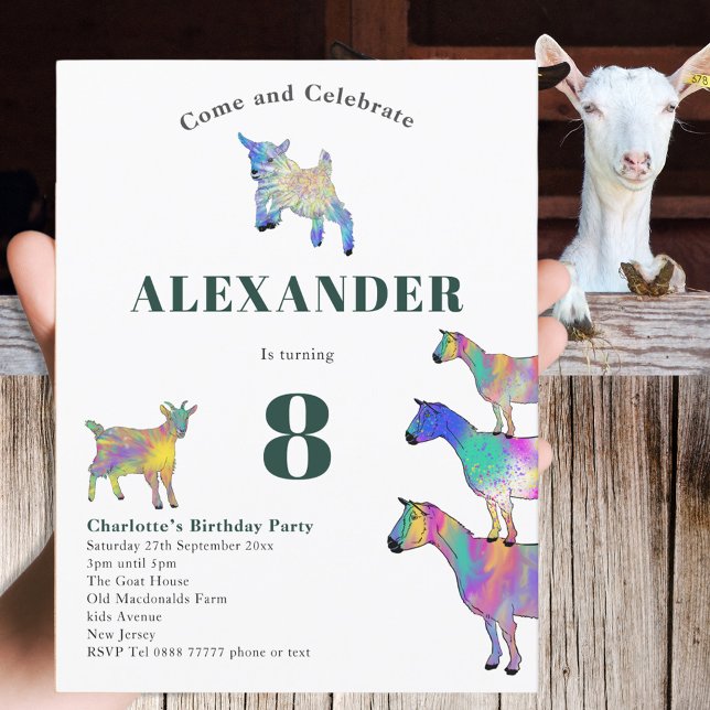 Invitation Carte Postale Fête d'anniversaire sur le thème de la chèvre vert (Cute goats colorful farm animal art 8th birthday party budget invitation postcard )