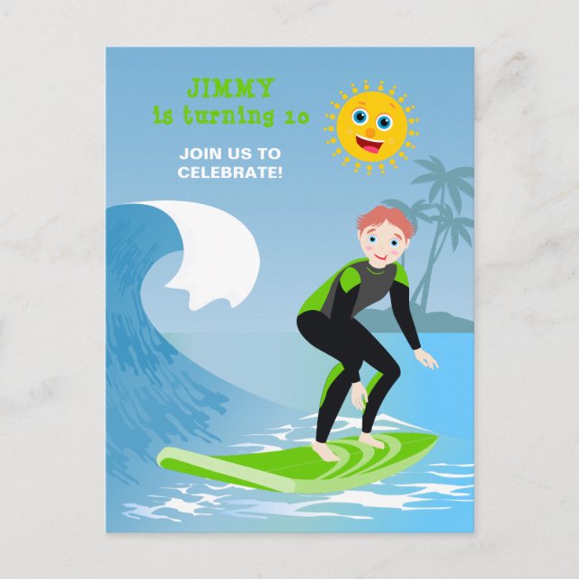 Invitation Carte Postale Fête d'anniversaire Surf's up boy (Devant)