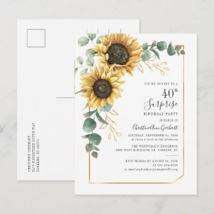 Invitation Carte Postale Fête d'anniversaire surprise 40 ans tournesol euca