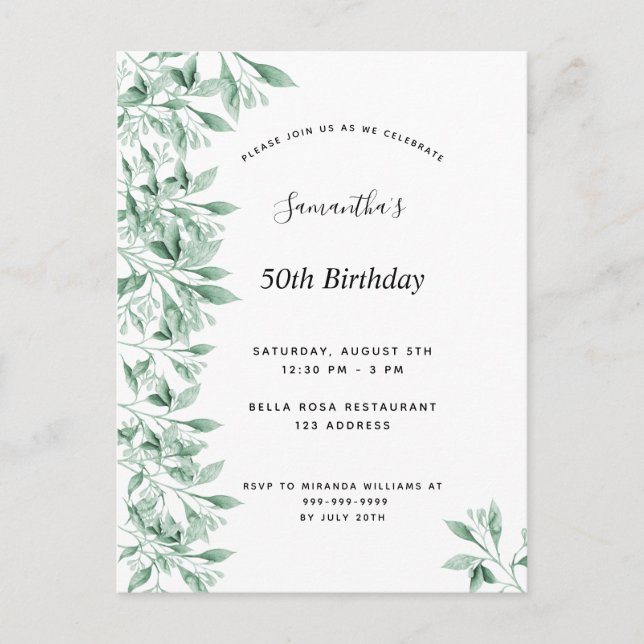 Invitation Carte Postale Fête d'anniversaire vert blanc botanique floral mo (Devant)