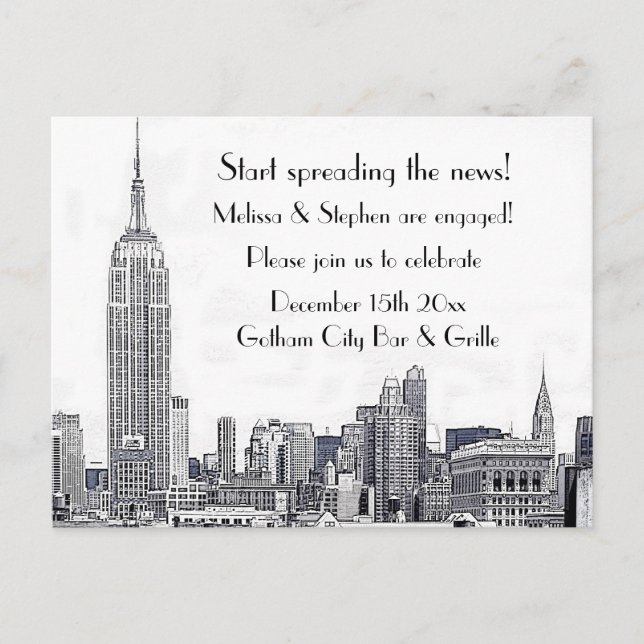 Invitation Carte Postale Fête de fiançailles NYC Skyline Etched 01 (Devant)