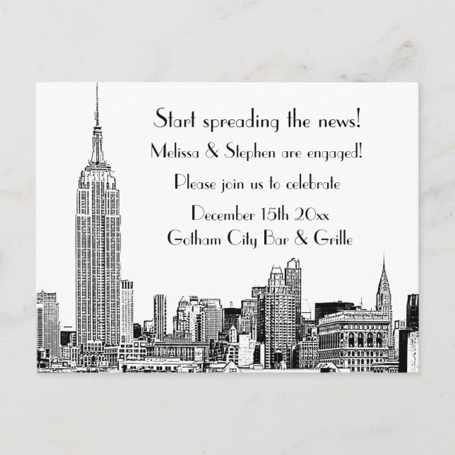 Invitation Carte Postale Fête de fiançailles NYC Skyline Etched 01 (Devant)