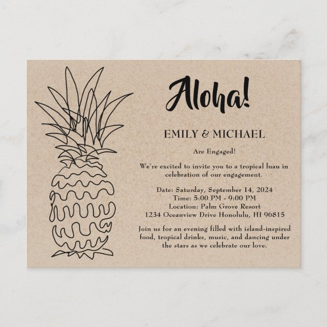 Invitation Carte Postale Fête de Fiançailles Tropicale Luau (Devant)