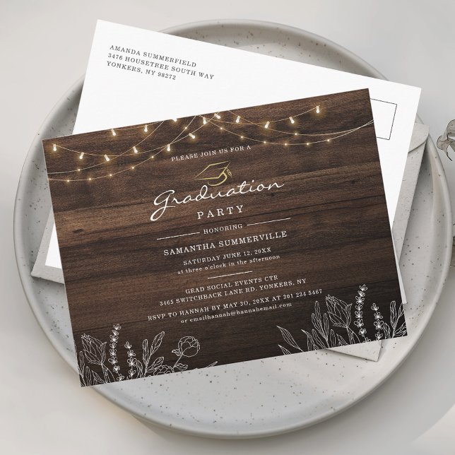 Invitation Carte Postale Fête de fin d'études 2026 Script (Graduation 2025 Script Grad Party String Lights Invitation Postcard)