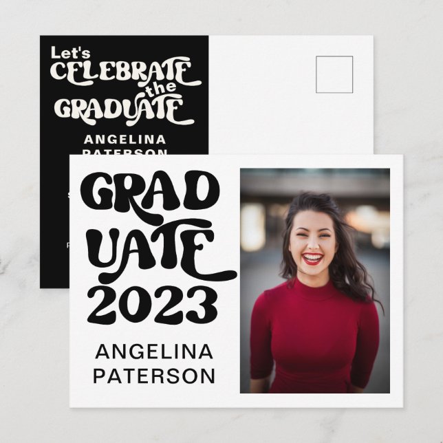 Invitation Carte Postale Fête de fin d'études en noir et blanc avec écritur (Devant / Derrière)