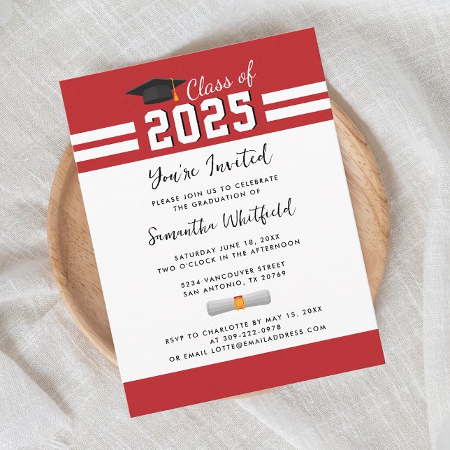 Invitation Carte Postale Fête de fin d'études Rouge Blanc Script Grad (Graduation Party 2025 Grad Red and White Invitation)