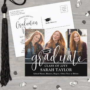 Invitation Carte Postale Fête de fin d'études Script noir et blanc 3 Photo