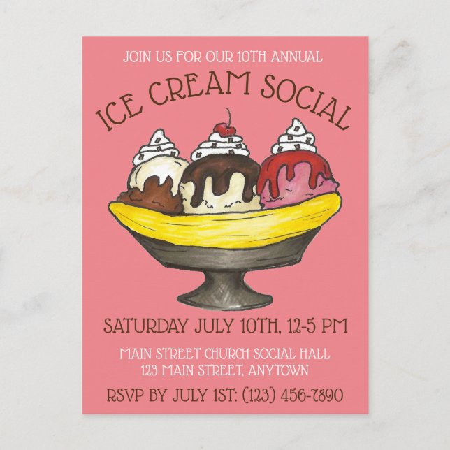 Invitation Carte Postale Fête de glace Dessert Banana Split Sundae (Devant)