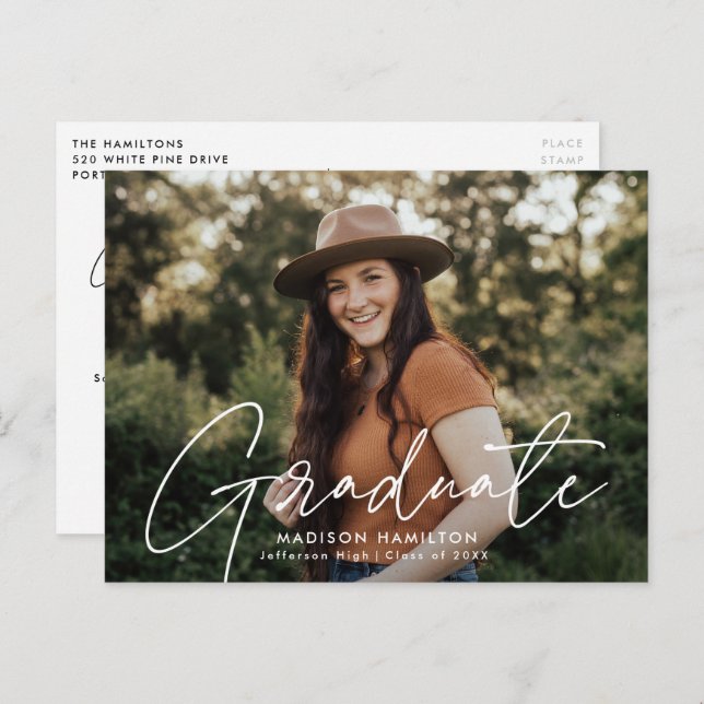 Invitation Carte Postale Fête de graduation de la photo de script blanc mod (Devant / Derrière)