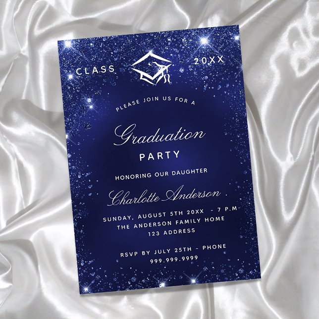 Invitation Carte Postale Fête de graduation navy bleu scintillants (Créateur téléchargé)
