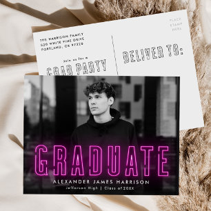 Invitation Carte Postale Fête de graduation photo Magenta Neon moderne